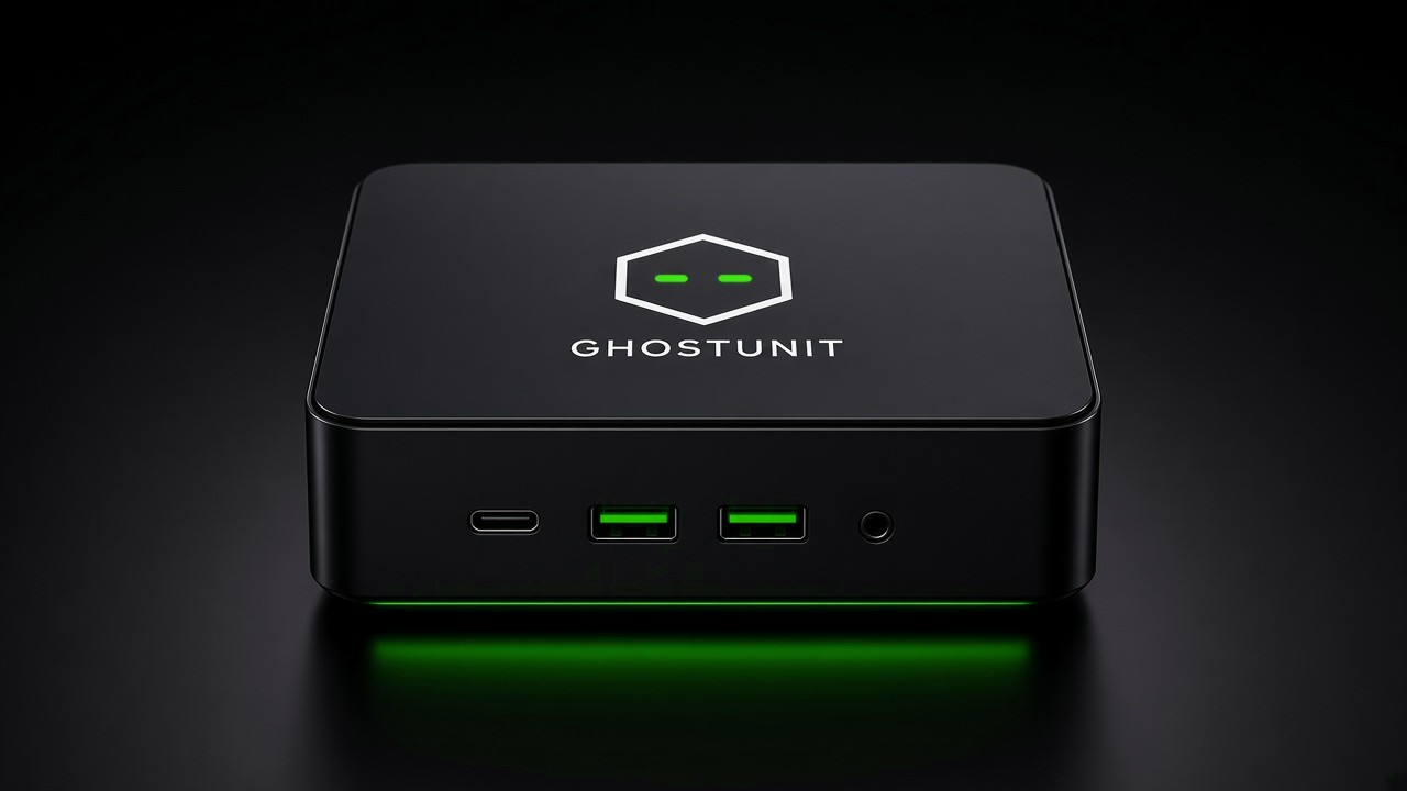 GhostUnit mini computer, matte black with a glowing blue base